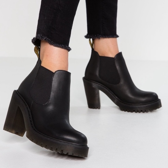 Dr. Martens Shoes - Dr. Martens Hurston Chelsea Boots Black Leather Heeled Slip On Platform Booties